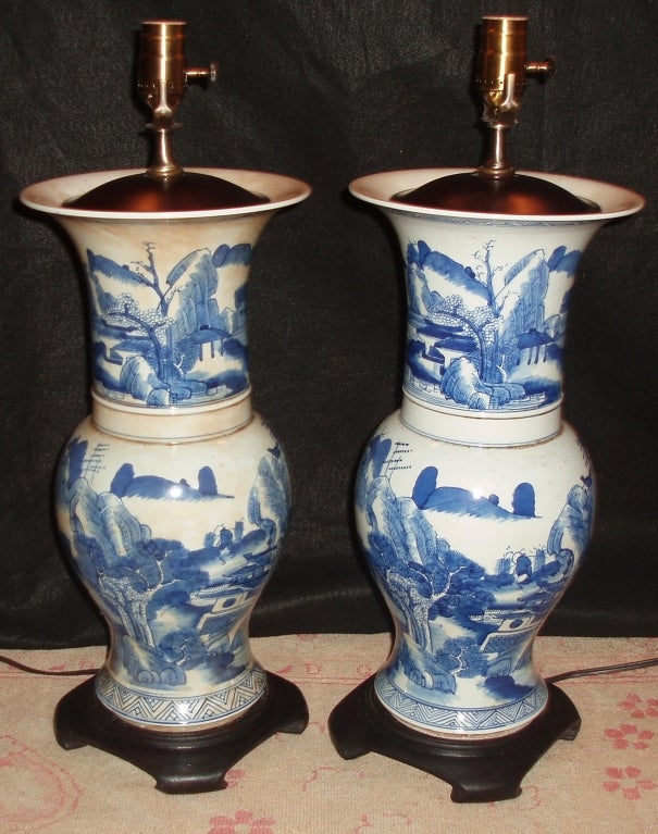 Hand-Painted Pair of Blue & White Chinese Lamps