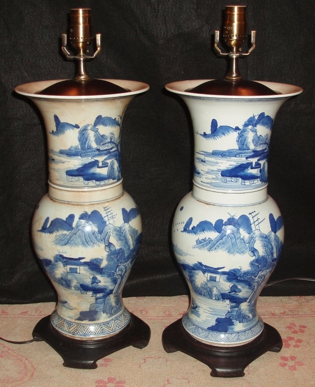 20th Century Pair of Blue & White Chinese Lamps