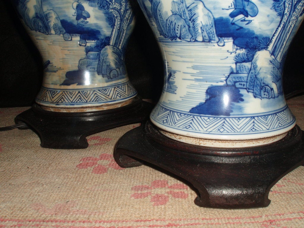 Porcelain Pair of Blue & White Chinese Lamps