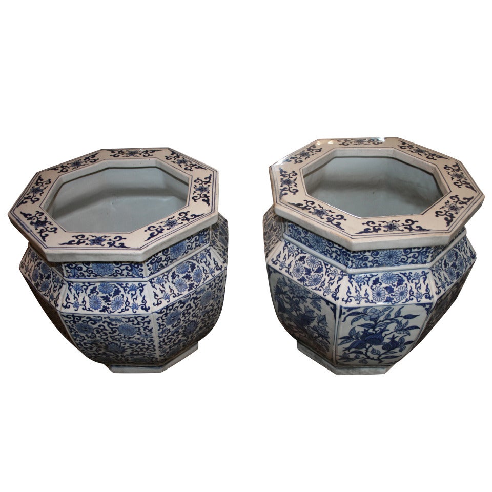 Nice Pair of Matched Blue and White Octagonal Chinese Export Planters