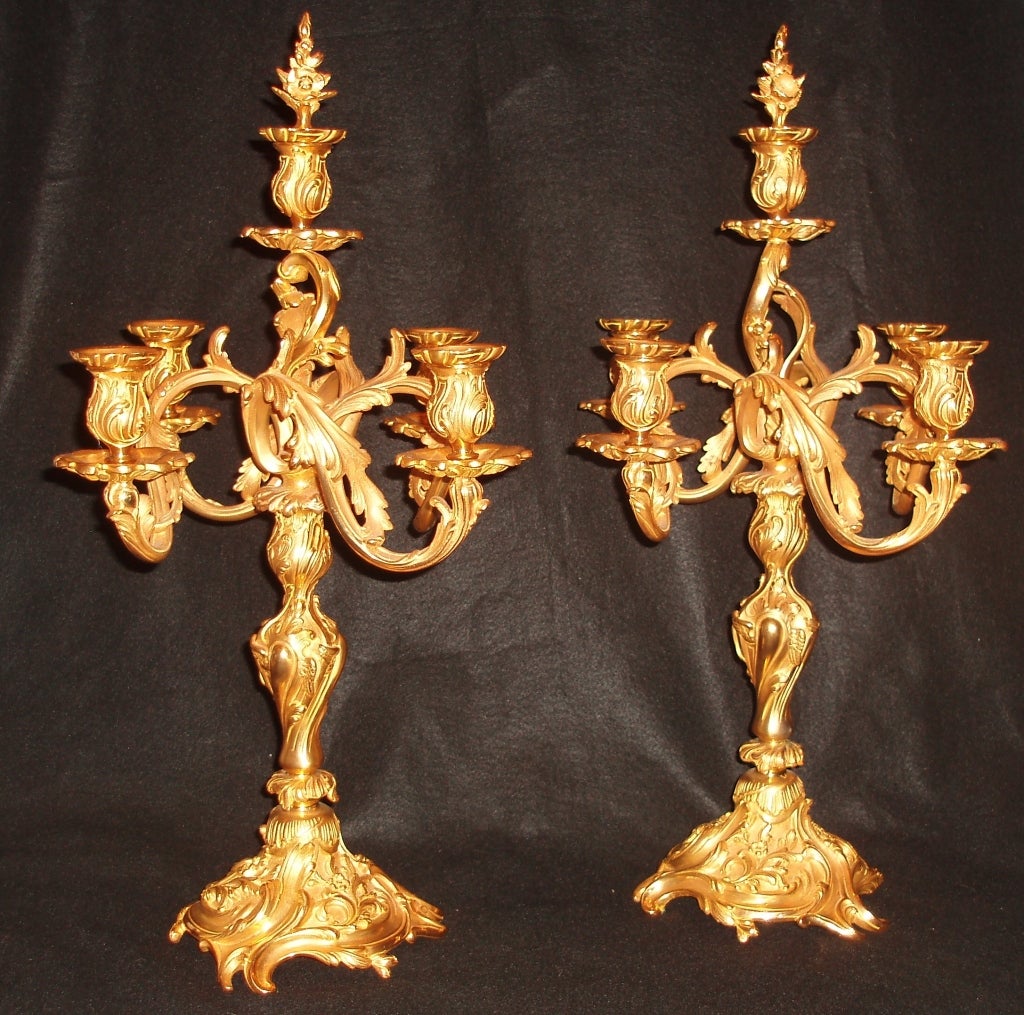 Pair of stunning bronze dorè finished Louis XV style five-arm candelabras, open branch design of flowing acanthus leaves leading to flowering bobeches rising above central baluster form stems having wings and clouds and mounted on dome bases with