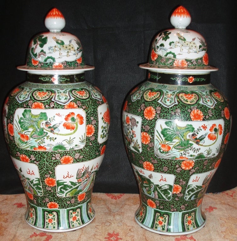Handsome Pair of Large Famille Verte Chinese Porcelain Temple Jars with Horizontal Panels of Orange, Purple, & Blue Floral & Bird Designs on White Ground, Surrounded by a Thousand Leaf Pattern Design, with Lotus Pattern Below Neck Line and Panel