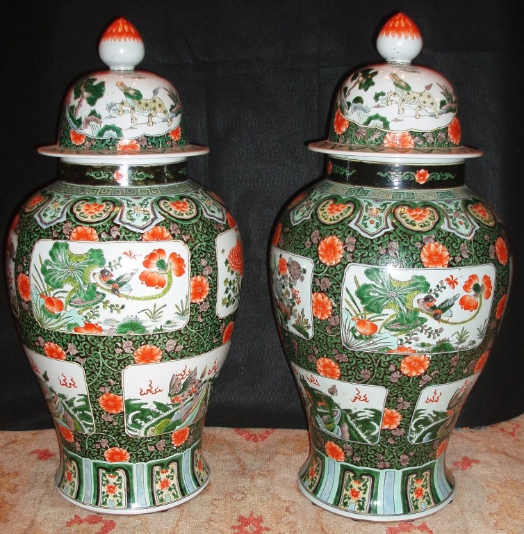 Pair of Famille Verte Lidded Jars