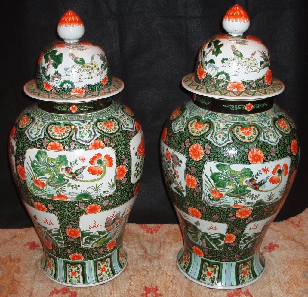 Chinese Pair of Famille Verte Lidded Jars
