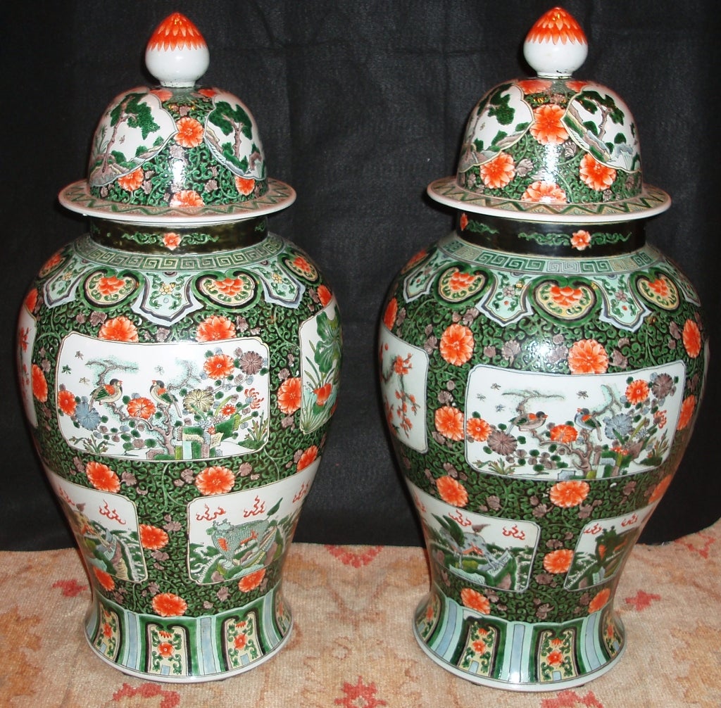 Pair of Famille Verte Lidded Jars In Excellent Condition In Palm Beach, FL