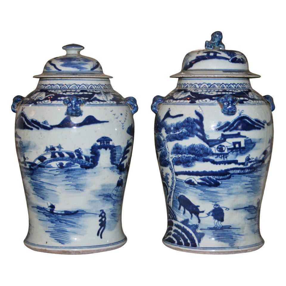 Pair of Blue and White Matched Chinese Export Lidded Jars
