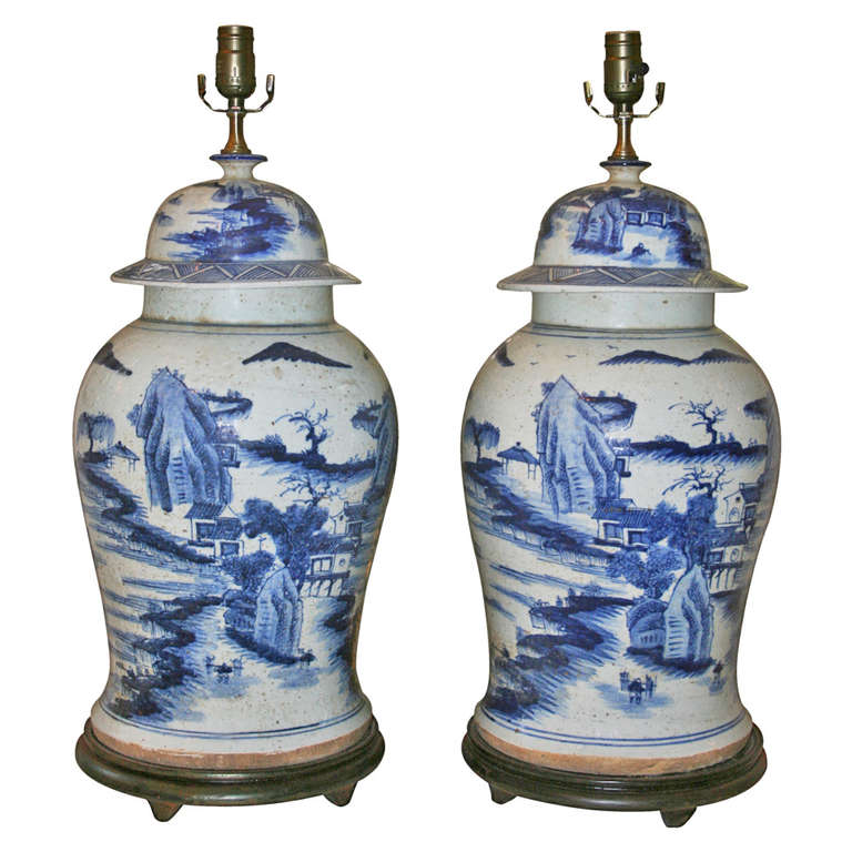 Handsome Pair of Large Blue and White Chinese Lidded Temple Jar Lamps at 1stDibs