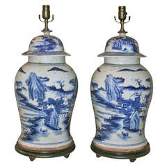 Handsome Pair of Large Blue and White Chinese Lidded Temple Jar Lamps