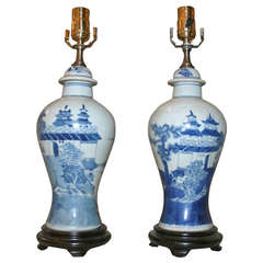 Pair of Small Blue and White Chinese Baluster Jar Lamps