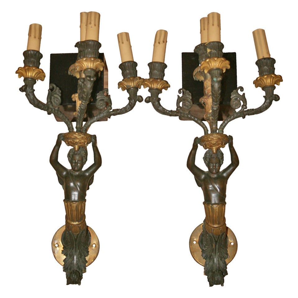 Pair of Charles X Winged Putti Mounted Wall Sconces