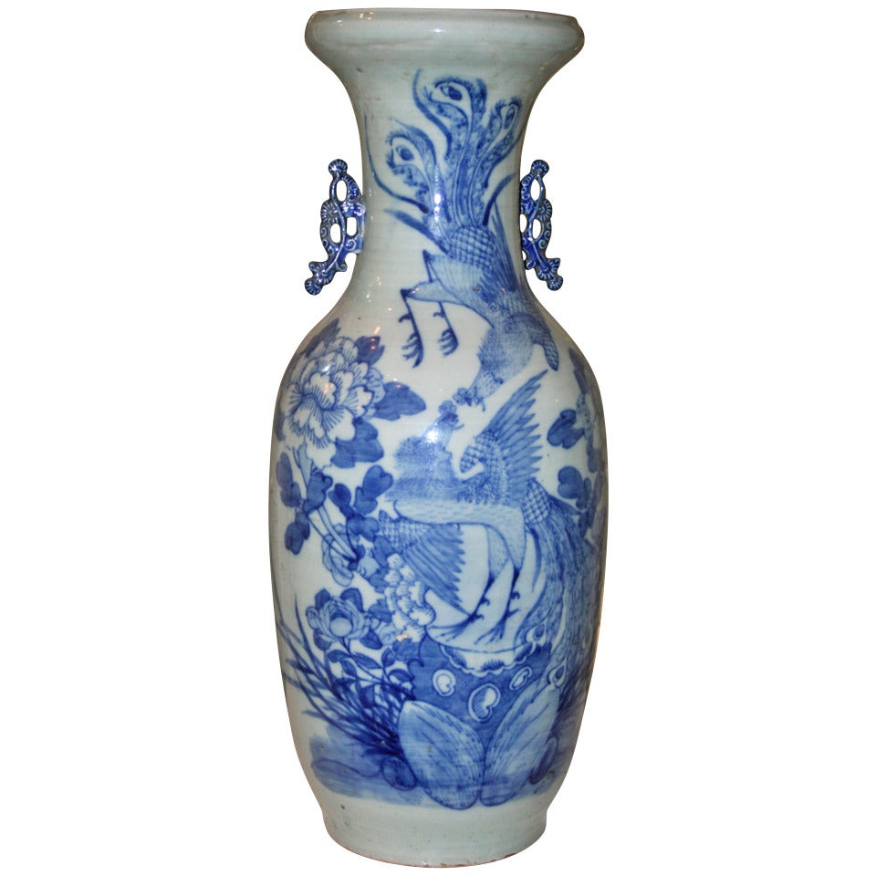 Tall Celadon and Blue Chinese Export Temple Vase