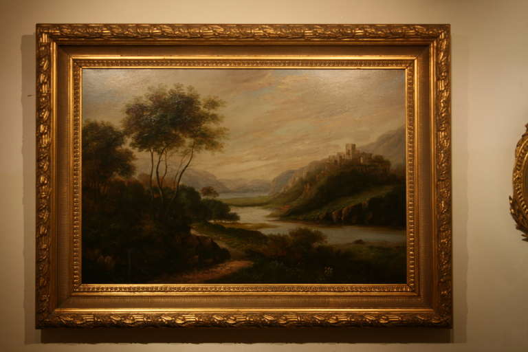 Late 19th century landscape with ruins European school oil painting on canvas.
