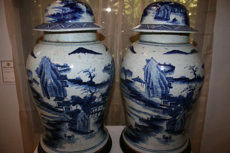 Handsome Pair of Large Blue and White Chinese Lidded Temple Jar Lamps In Excellent Condition In Palm Beach, FL