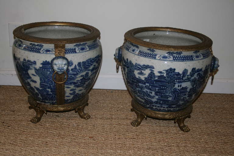 Qing Pair of Blue and White Chinese Export Fish Bowls with Bronze Mounts