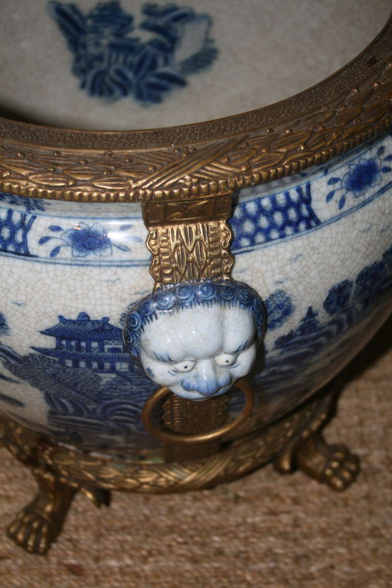 Pair of Blue and White Chinese Export Fish Bowls with Bronze Mounts 1