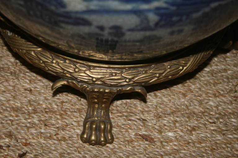 20th Century Pair of Blue and White Chinese Export Fish Bowls with Bronze Mounts