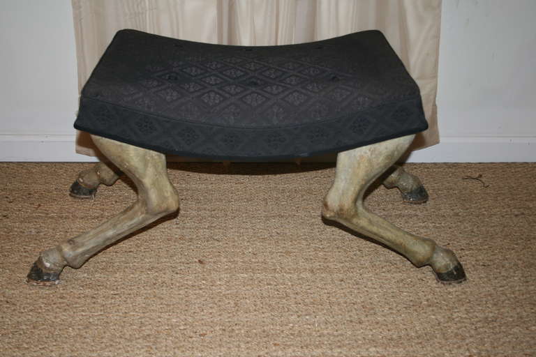 Charming Rectangular Upholstered Bench with Carved & Gray Painted Horse Form Legs as Supports, Circa Early 20th Century
