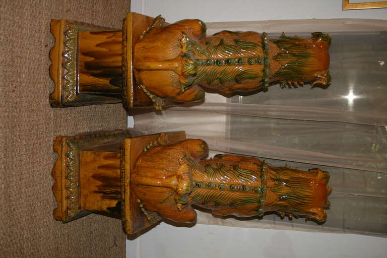 20th Century Pair of Large Ochre-Glazed Foo Dog Sculptures For Sale