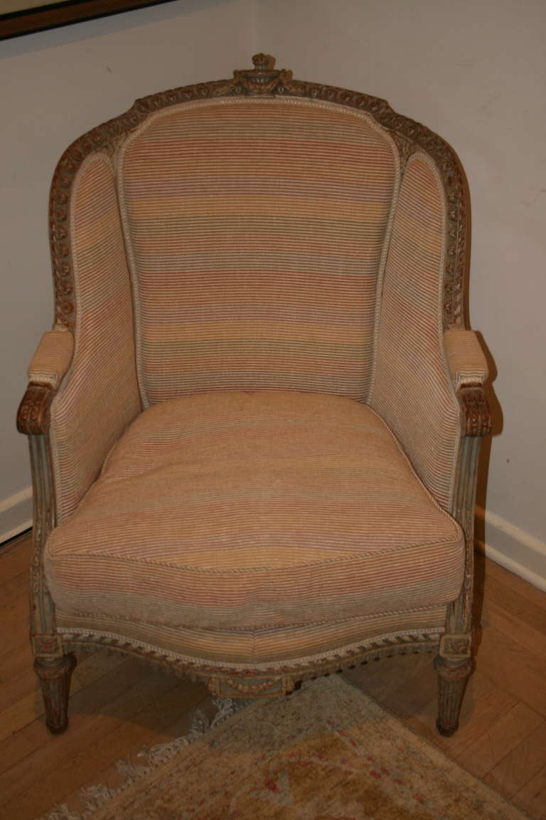 Fine early 19th Century Louis XVI-style three-piece Duchesse Brisee with original painted carved wood finishes and upholstered in a multi-color striped canvas upholstery.