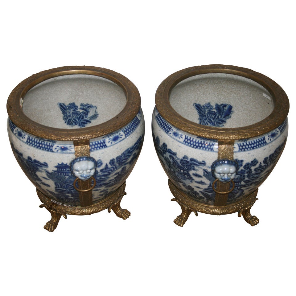 Pair of Blue and White Chinese Export Fish Bowls with Bronze Mounts