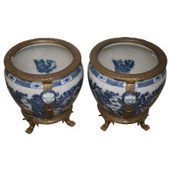 Pair of Blue and White Chinese Export Fish Bowls with Bronze Mounts
