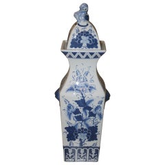 Antique Square Chinese Export Blue and White Lidded Jar