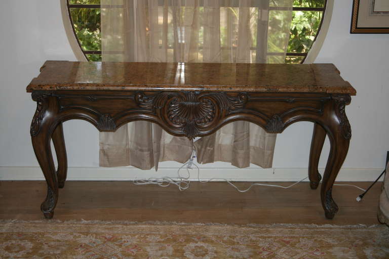 Italian Style Walnut Console with Marble Top In Excellent Condition In Palm Beach, FL