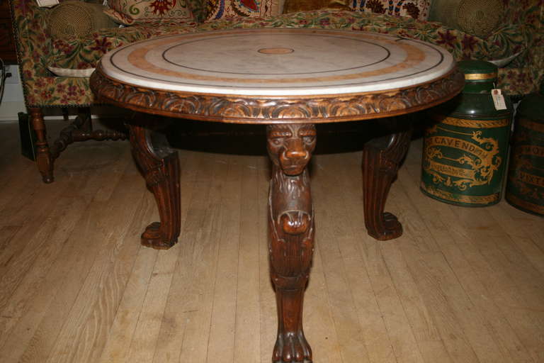 English Oak Monopodia Lion Tripod Table with Marble Top For Sale