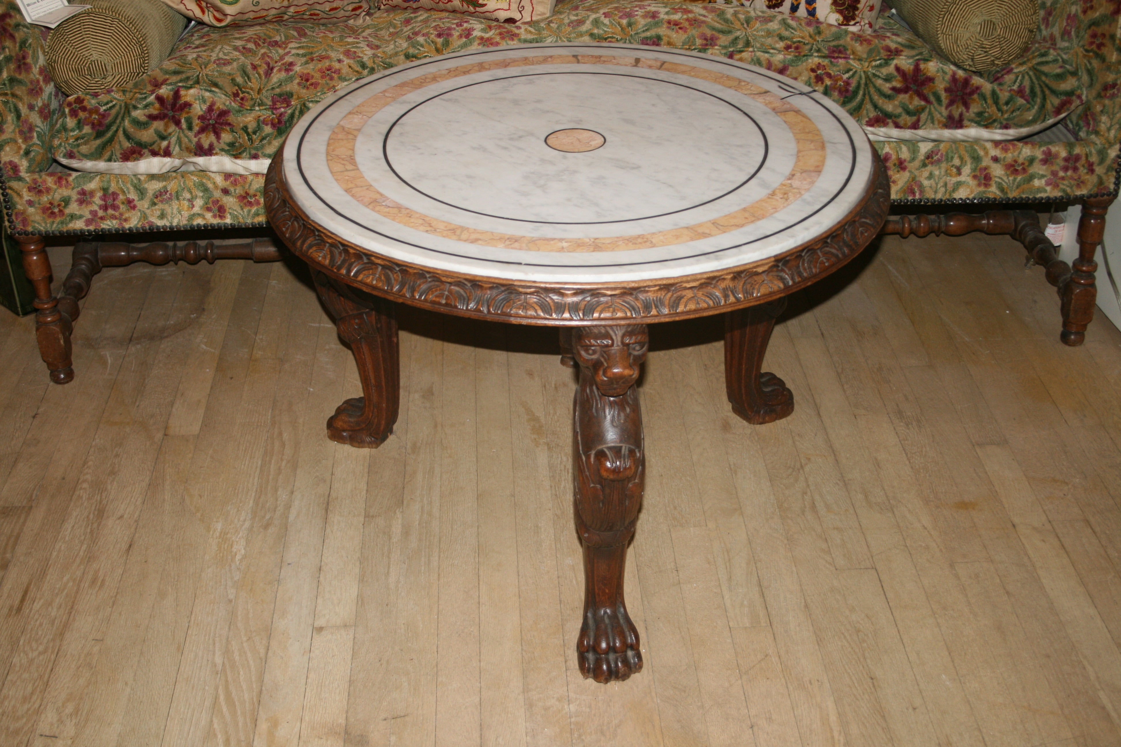 Oak Monopodia Lion Tripod Table with Marble Top For Sale