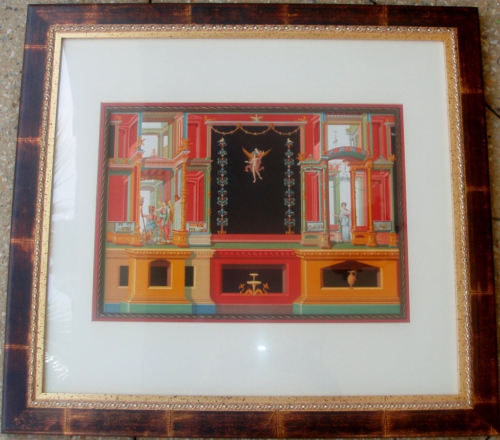 Superbly illustrated and colored chromo-lithograph framed imagery of the mural paintings discovered in pompeii in the 18th and 19th centuries, originally painted by Vincenzo Loria and published in 1887, each piece tastefully matted and handsomely