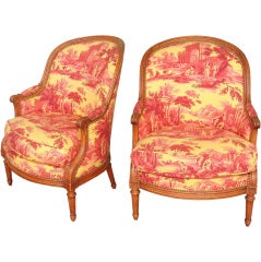 Pair of Louis XVI Style Upholstered Oak Bergères