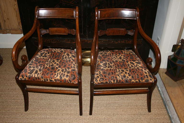 Elegant pair of Regency mahogany armchairs with scroll arms and sabre legs, rectangular mid-back support with fanned edges, and seat cushion upholstered in two-tone checker board leopard print fabric, circa 1820.