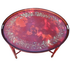 Antique Empire Oval Red Tole Tray Table with Parcel Gilt