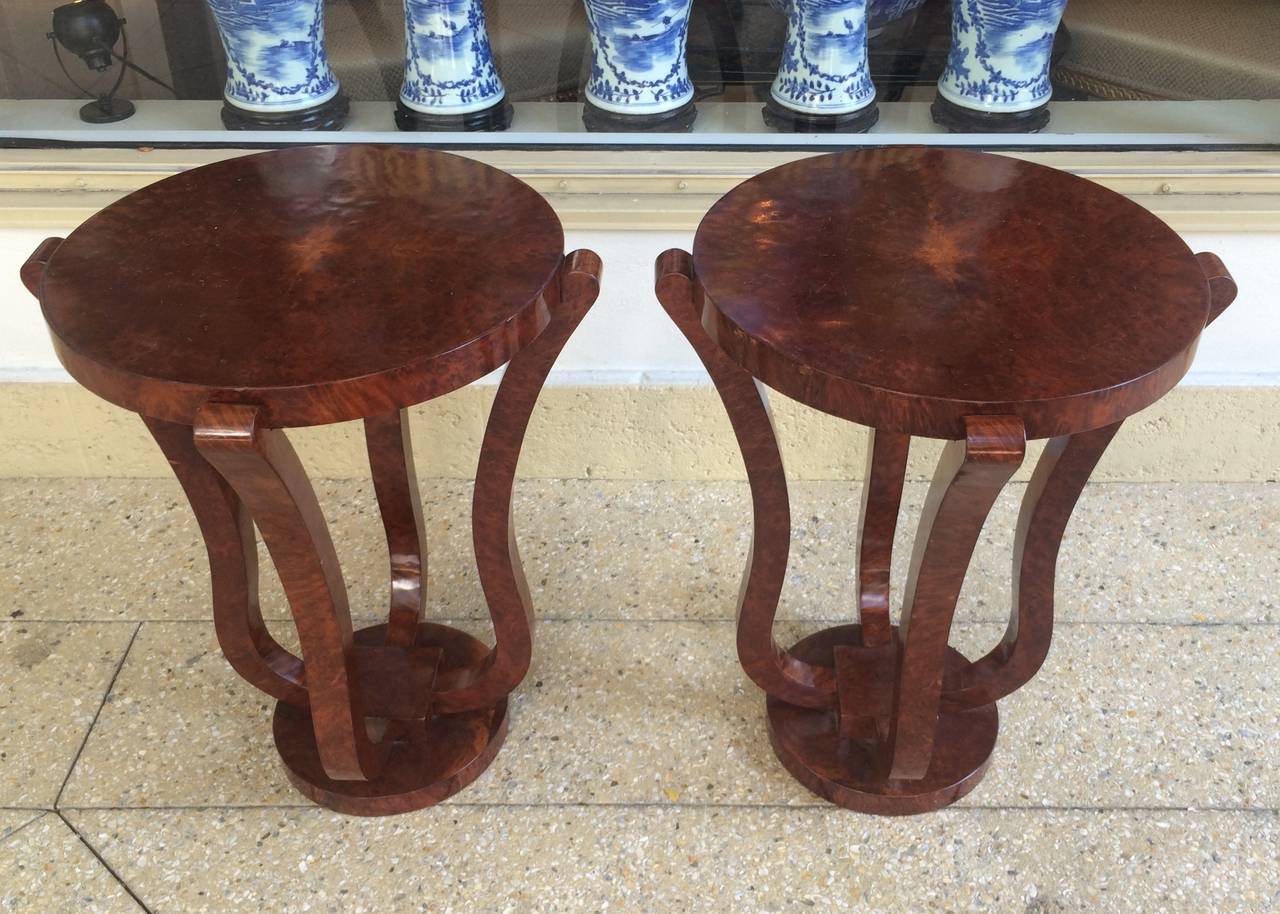 Pair of Polished Burl Wood Art Deco Side Tables For Sale at 1stdibs