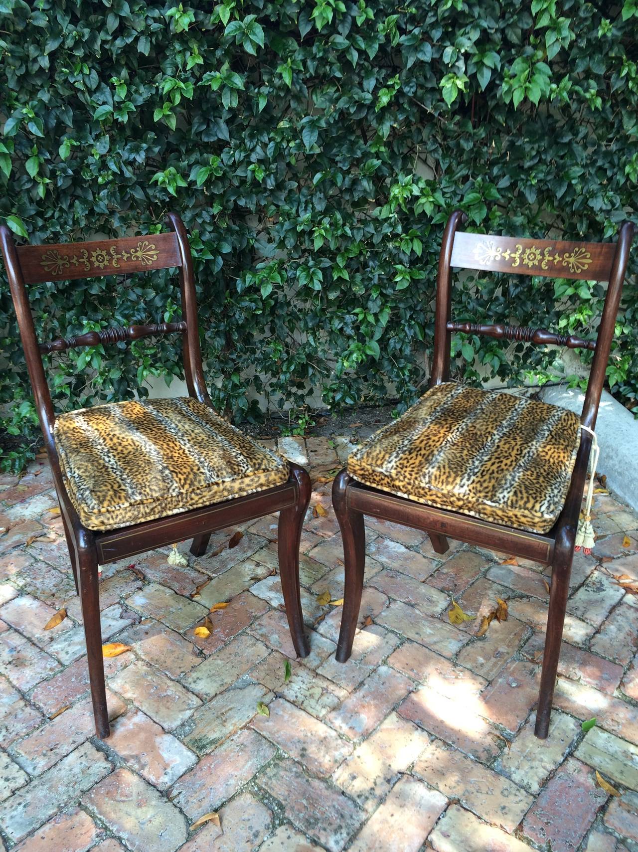 Wunderschön detaillierte Regency-Stühle aus Palisanderholz mit Geparden-Print-Kissen, ca. 1810-1820. Vierer-Set.