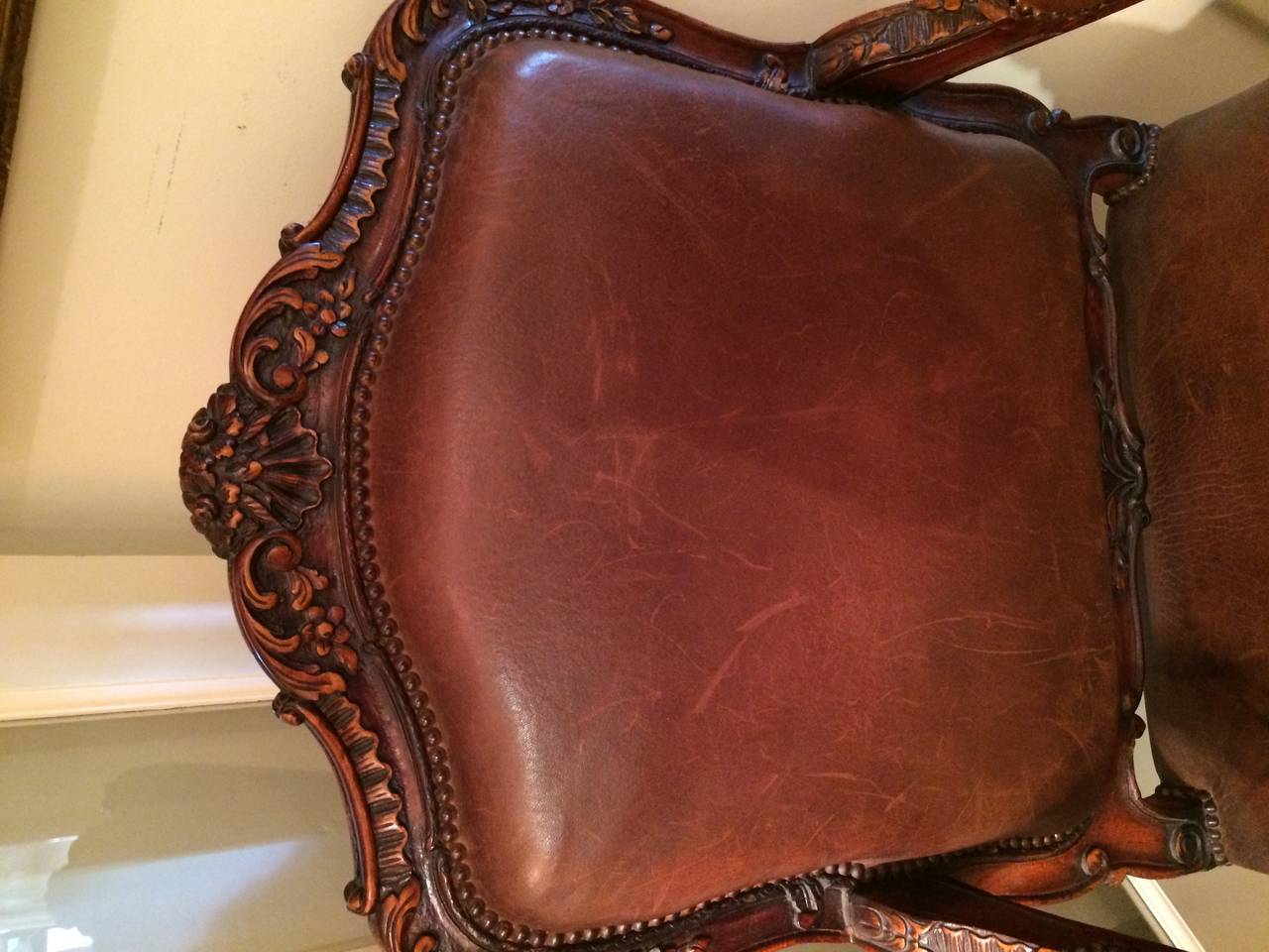 Leather Louis XV Style Walnut Fauteuil  For Sale
