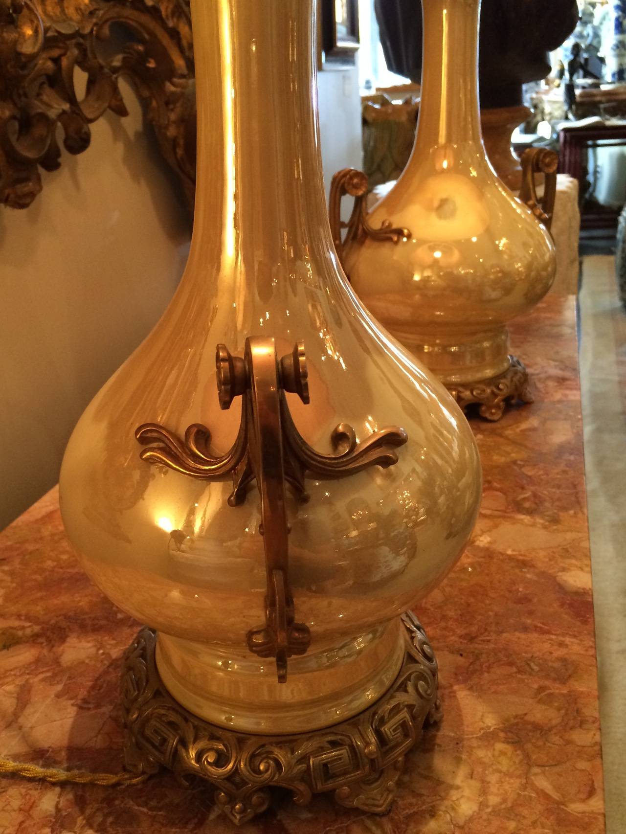 Louis XV Exquisite Pair of Opalescent Paris Porcelain Vases Converted into Lamps