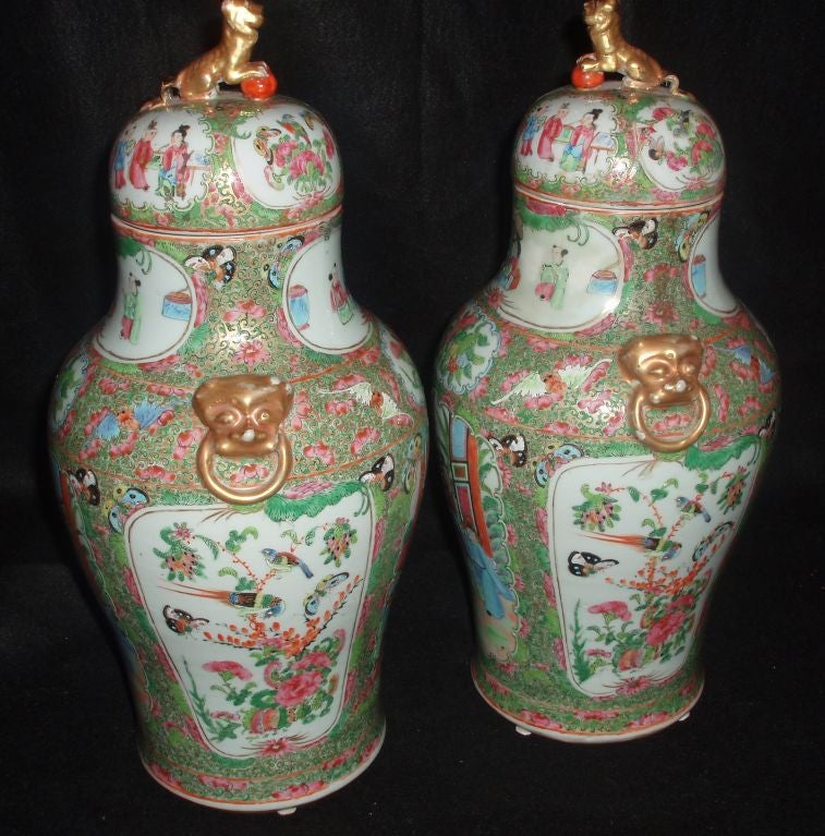 Chinese Pair of Rose Medallion Jars with Lids