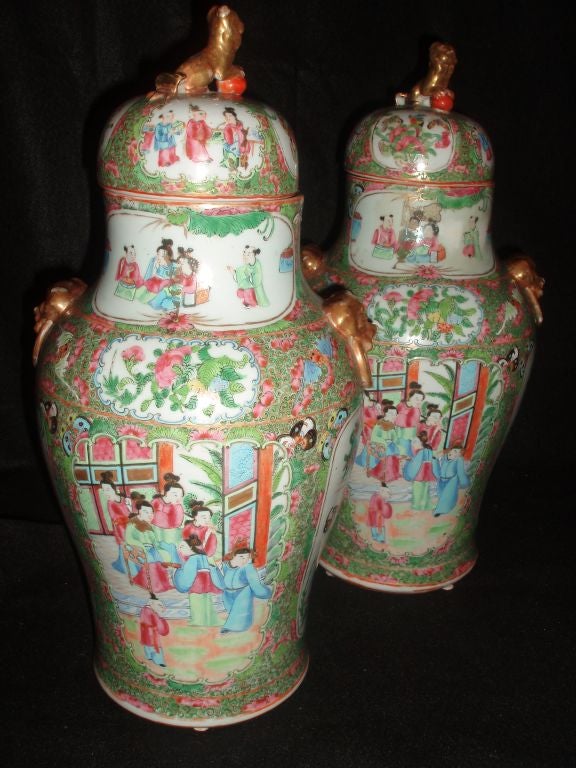 Hand-Painted Pair of Rose Medallion Jars with Lids