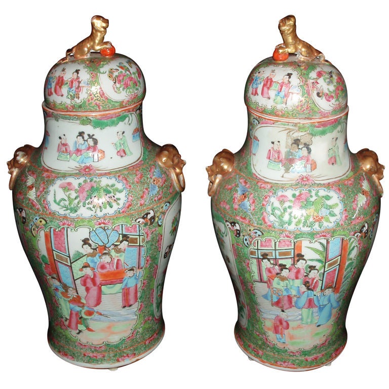 Pair of Rose Medallion Jars with Lids