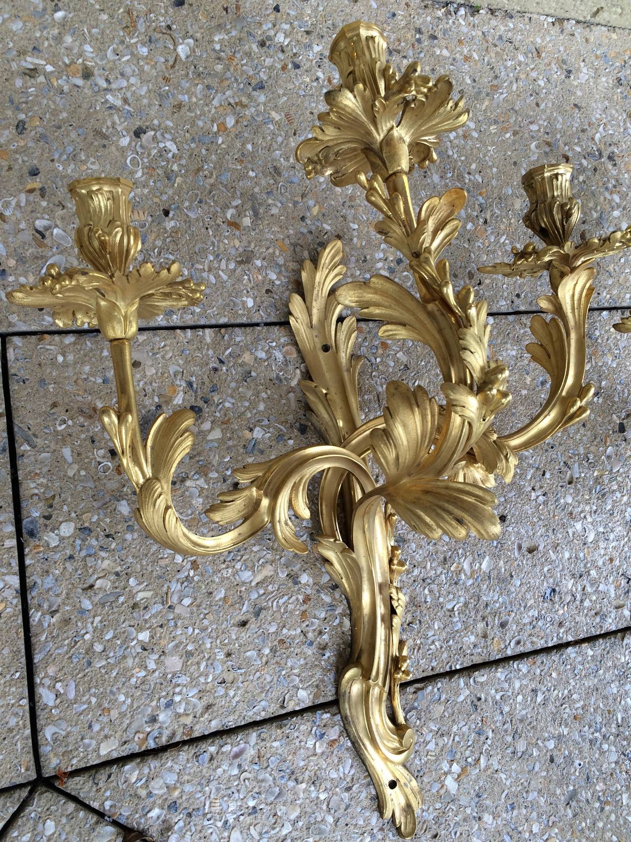 Set of Two Exquisite French Bronze Doré Louis XV Style Appliques In Good Condition For Sale In Palm Beach, FL