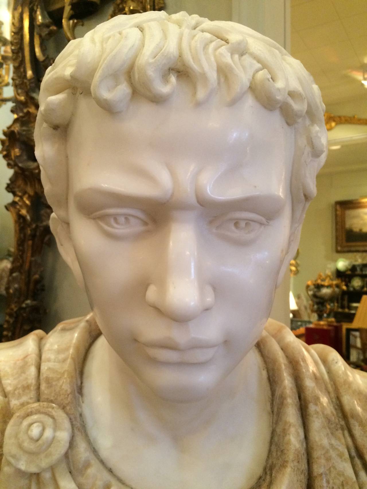 Classical Roman Bust of Carrera Marble and Honey Onyx For Sale