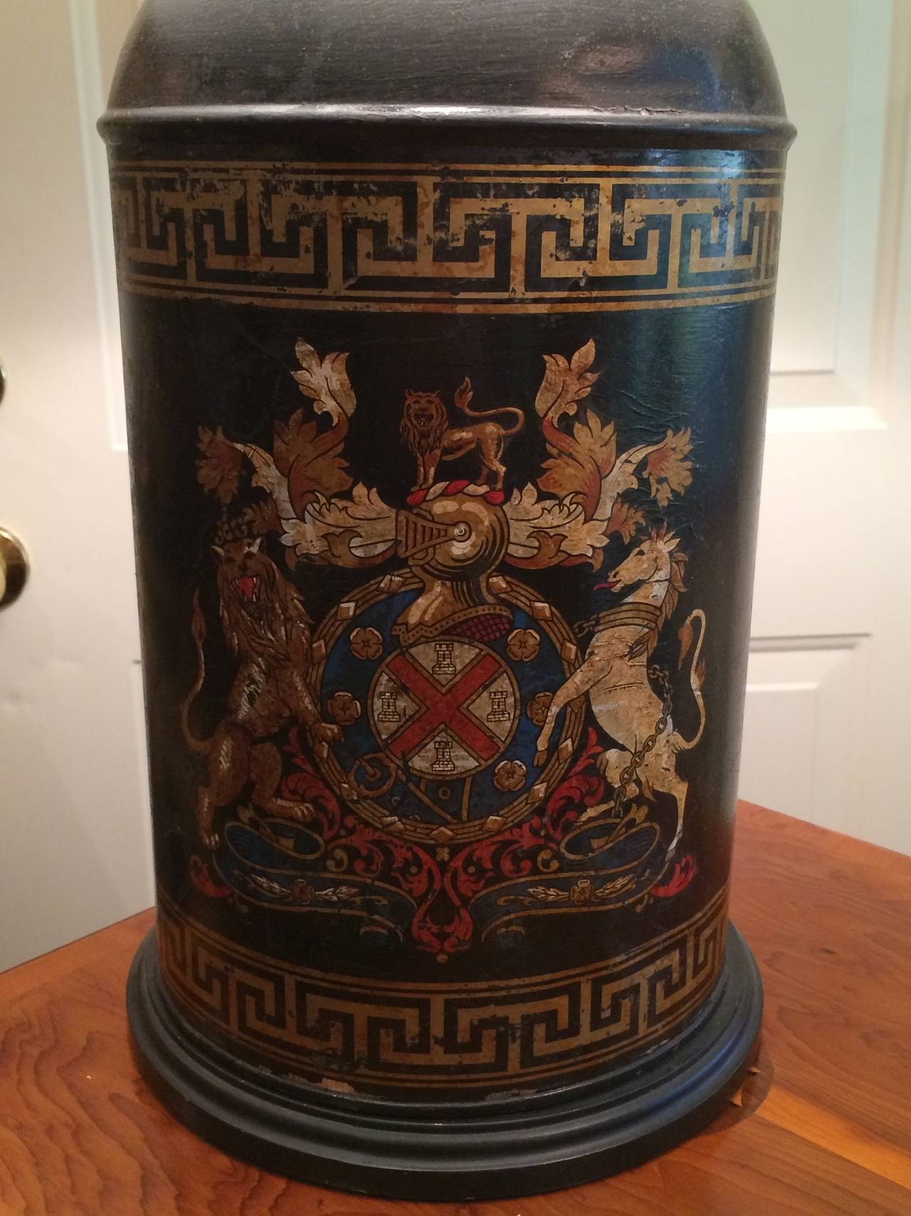 Regency Style Black Painted Tole Canister Mounted as Lamp In Good Condition For Sale In Palm Beach, FL