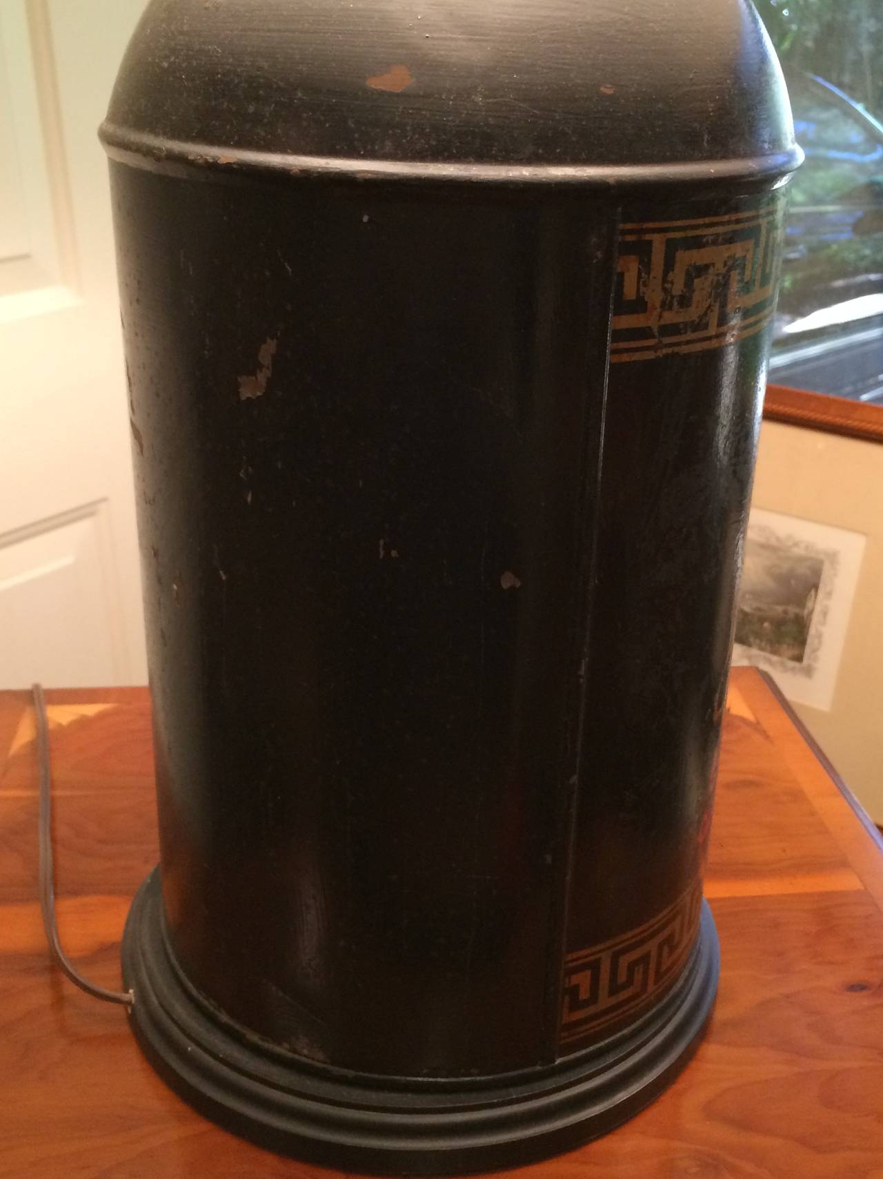 20th Century Regency Style Black Painted Tole Canister Mounted as Lamp For Sale