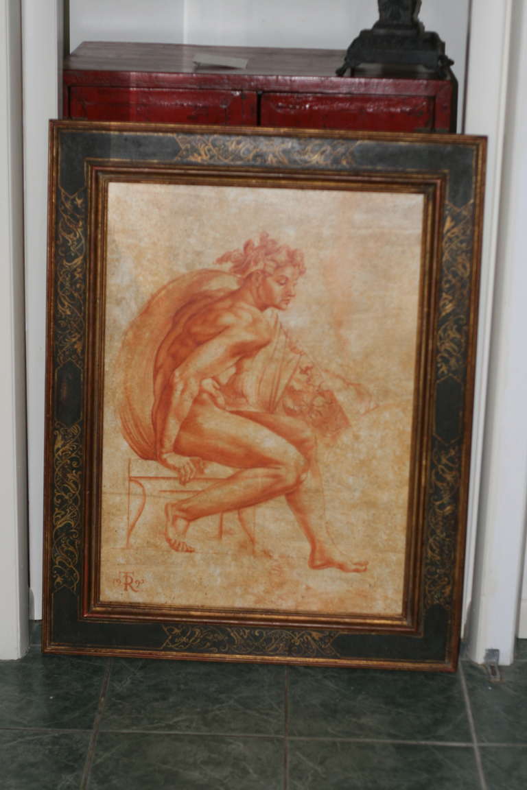 Sepia studies by Tomasz Rut (Polish, 1961- ) based on Michelangelo's Ignudi as seen on the ceiling of the Sistine Chapel in Rome, mixed-media (sepia crayon and oil on board), Ignudo #1.
Tomasz Rut is a contemporary figurative painter in the
