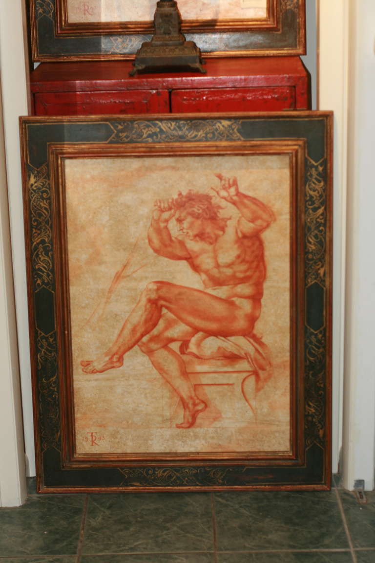 Études peintes à la main par Tomasz Rut (polonais, 1961-)  ) d'après l'Ignudi de Michel-Ange, 20 hommes nus vus au plafond de la chapelle Sixtine à Rome, technique mixte ; crayon sépia et huile sur carton.