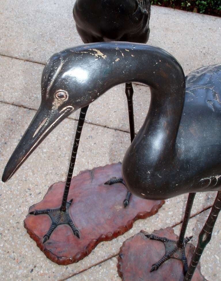 Edo Sculptural Pair of Japanese Bronze Cranes For Sale
