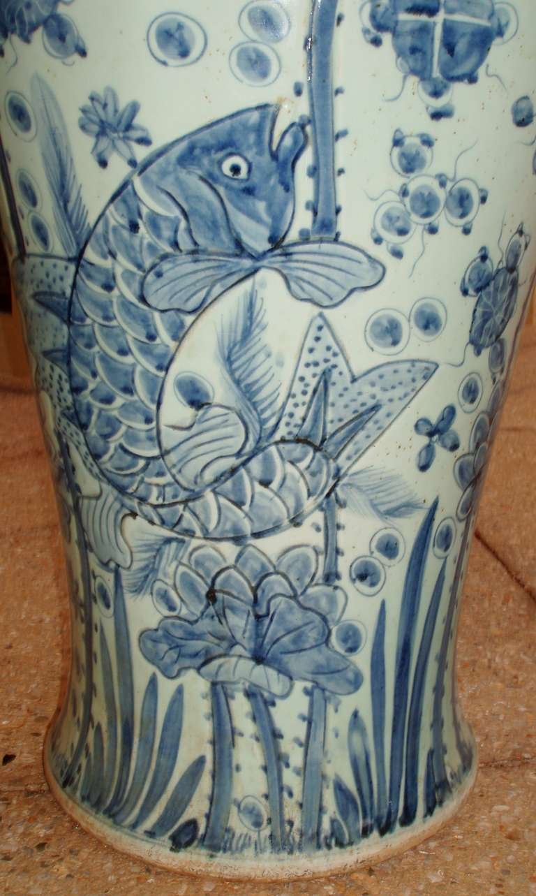 Pair of Tall Blue and White Chinese Porcelain Lidded Jars 2