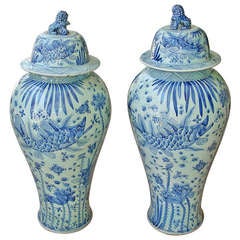 Pair of Tall Blue and White Chinese Porcelain Lidded Jars