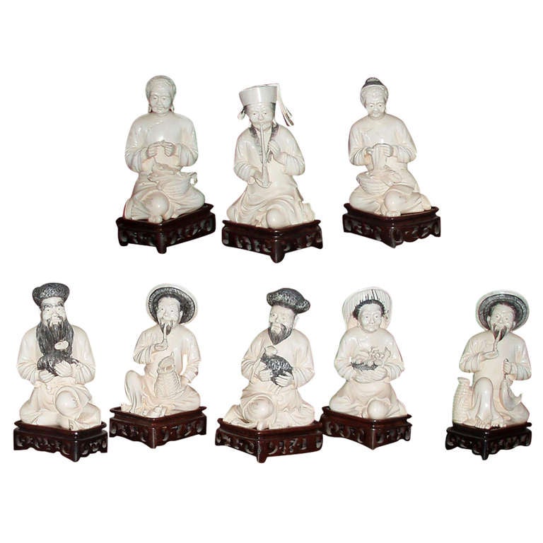 Very Rare Set of 8 Carved Ivory Figurines at 1stdibs